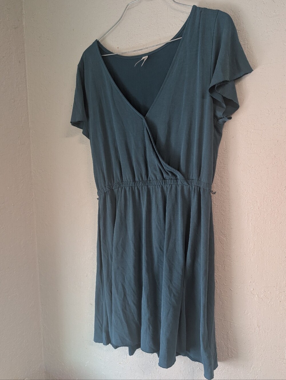 Mudd Faux Wrap Midi Dress L Teal Snap Front Raw Hem Boho Cottage Goblin Flowy